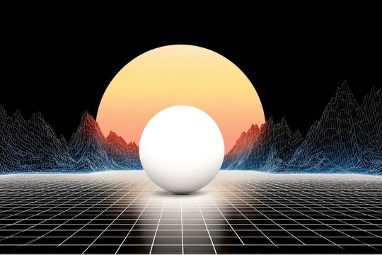 White sphere on grid, futuristic landscape