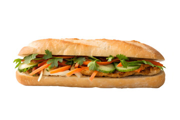 A close up of a banh mi sandwich with chicken, carrots, cucumber and cilantro on white