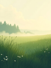 misty meadow stretches towards horizon soft morning light casting warm glow grasses distant trees rise like