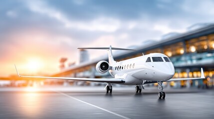 A sleek private jet is parked on the tarmac at an airport, bathed in warm sunset light, showcasing modern aviation and luxury travel.