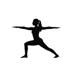 Silhouette of a woman in Warrior II yoga pose, promoting health and wellness