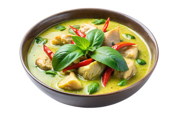 A bowl of green curry with chicken, red chili peppers, and basil leaves on a white background