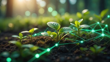 Young plants with glowing green network in soil growth