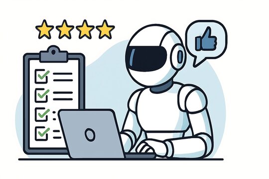 Robot reviews checklist with four stars and thumbs up, indicating successful task completion.