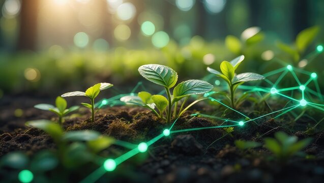 Young plants with glowing green network in soil growth