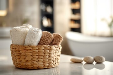 Obraz premium A wicker basket holds neatly rolled bath towels in creamy white and beige tones, sitting on a marble surface. Smooth stones are nearby, with a blurred, modern bathroom in the background