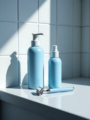 luxurious blue shaving foam razor bundle set elegantly arranged sleek gray tile countertop soft natural morning light