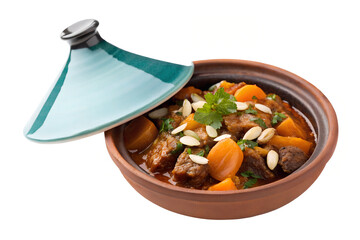 A close up shot of a tagine dish with beef carrots and almonds on a white background