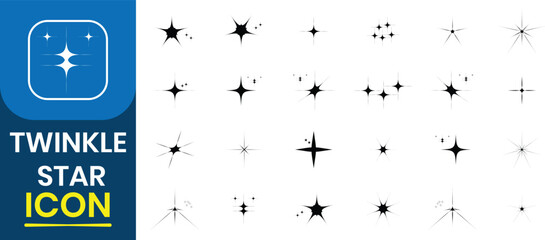 Obraz premium Set of Twinkling star icon, vector. Shine, Clean icon star. Sparkle icon, vector, stars and bursts icon. Retro futuristic sparkle icons set. Abstract black sparkles. Y2K Shine, cleaning icon set.