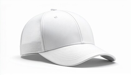 White trucker hat with breathable mesh side panels. Blank baseball cap template isolated on a white studio background for mockup design.