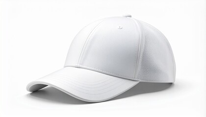 Fototapeta premium A clean white classic baseball cap with a curved brim, isolated on a white studio background. Blank headwear template for mockup or design.