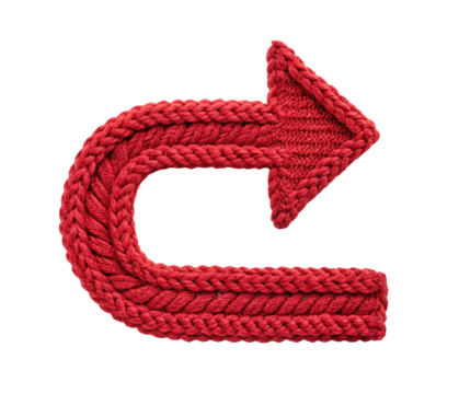 Curved red knitted arrow pointing right isolated on transparent background in PNG perfect for creative design handmade craft projects navigation icons and decorative elements with cozy textured style