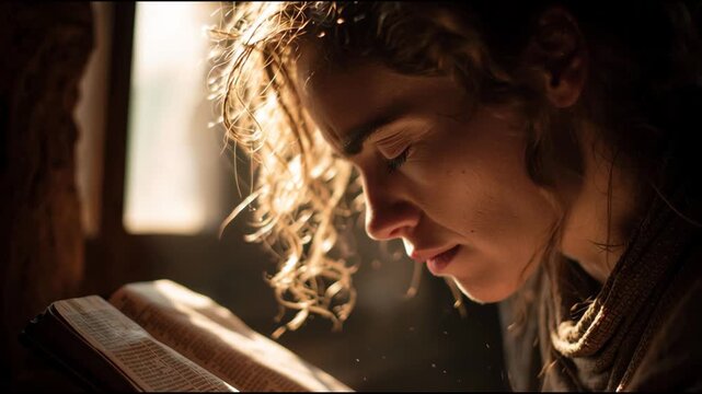 Intimate Moment of Reflection: A pensive individual immersed in a moment of quiet contemplation, the scene illuminated by soft, natural light and the worn pages of an aged book.