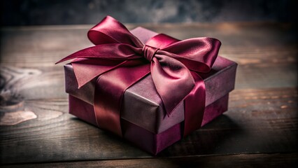 A luxurious deep red gift box tied with a satin ribbon and a beautiful bow, resting on a rustic wooden surface, evoking a sense of celebration and special occasions