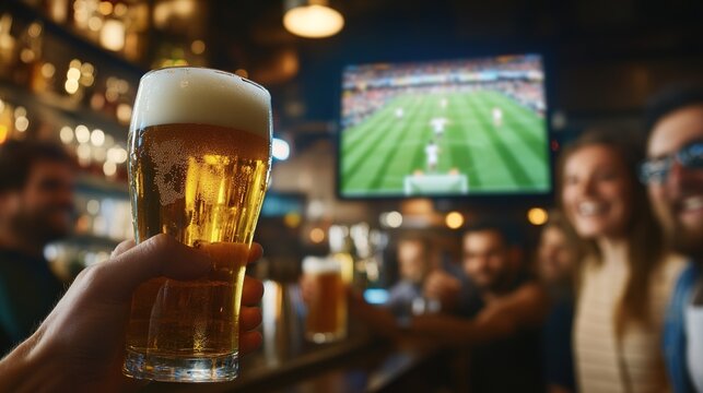 Beer Toast While Watching Football Match in Bar: Moment of Sports Viewing, Leisure Socializing and Beer Culture