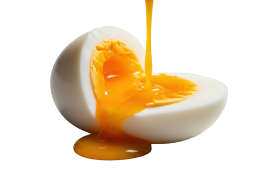 A single, perfectly poached egg, sliced open, golden yolk oozing over creamy white, isolated on transparent background, extreme close-up macro, culinary perfection concept. - Powered by Adobe