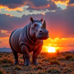 Fototapeta premium create an image of a hippopotamus rhino hybrid standing tall and confident against the backdrop of a stunning blazing sunset, the creatures unique features blend seamlessly with both animals