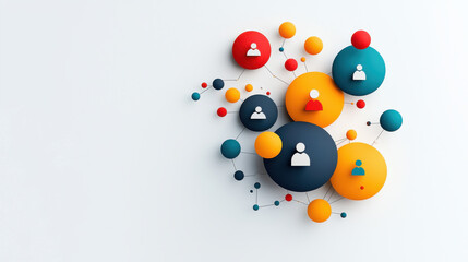Social network concept with colorful connected circles and user icons symbolizing communication and connection