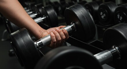 Fototapeta premium Focused Grip: Man's Hand Lifting a Knurled Chrome Dumbbell from a Dark Gym Rack