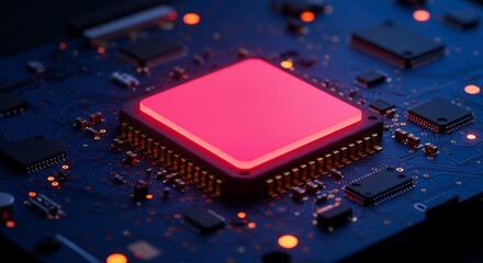 Luminous Red CPU Core Radiating Energy on a Dark Blue Motherboard