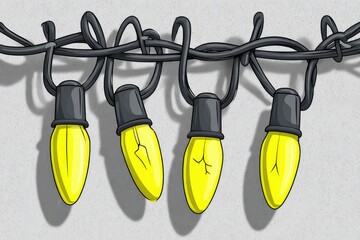 Four yellow string lights with cracked bulbs, hanging on a dark gray wire