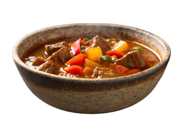 A bowl of beef stew with carrots, potatoes and peppers on a white background isolated