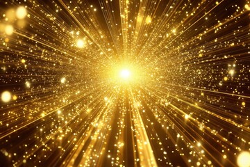 Naklejka premium A radiant, golden explosion of light streaks and shimmering particles emanates from a bright central core, creating a dynamic, energetic, and celebratory visual