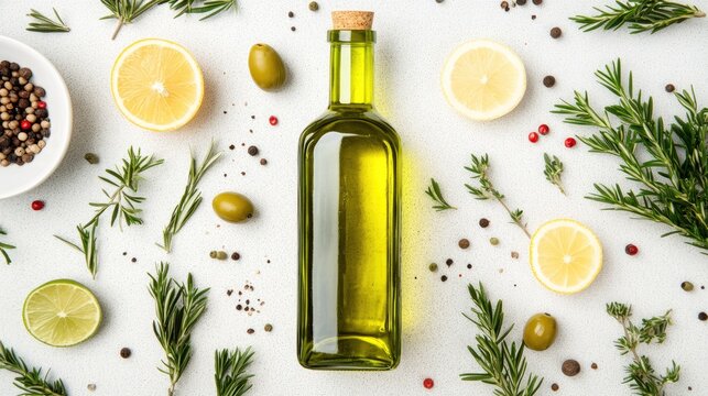 A bottle of olive oil is centered amongst lemon slices, olives, peppercorns, rosemary, and thyme sprigs on a light grey background.  The composition is flat lay and symmetrical - Powered by Adobe
