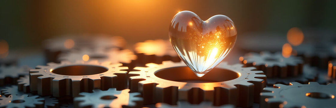 delicate transparent glass heart emerges bed intricately interlocking gears bathed warm golden light rendered crisp focus