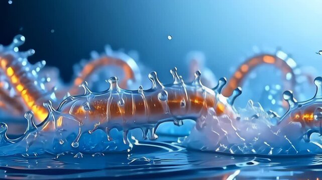 Explore a fluid molecule stretching like underwater sea anemone, shimmering with iridescent shades of twilight blues and bright golds, as it ebbs and flows fluidly, carving graceful arcs and