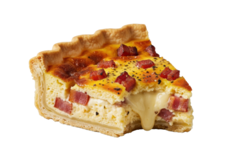 A golden-brown flaky Quiche Lorraine slice with creamy custard, molten Gruyere, crispy bacon lardons, and a bite taken out, isolated on transparent background, high appetitive appeal concept