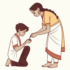 A mother applying a tilak on her son s forehead during a traditional indian festival or ceremony