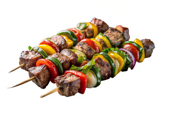 Close up shot of two skewers with grilled meat and colorful vegetables on a white background
