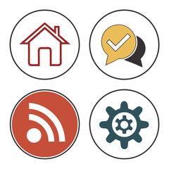 Collection of four circular icons featuring a house chat bubble with checkmark rss feed symbol and gear mechanism