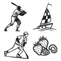 Collection of four black and white vector illustrations featuring baseball players a sailboat and fruit