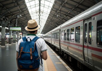 Fototapeta premium Back view of a male traveler with a straw hat and blue backpack waiting for a train at a modern station platform.