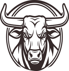 A powerful and fierce black and white vector illustration of a bull's head inside a circle, symbolizing strength, determination, and a strong, unyielding competitive spirit. Ideal for sports logos.