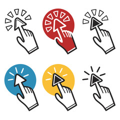 Collection of six diverse cursor click icons with directional arrows and radiating lines in various color schemes
