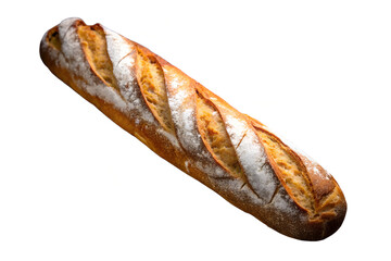 A single baguette with a golden crust and a light dusting of flour on a white background