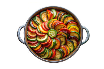 Overhead view of ratatouille in a cast iron pan with zucchini eggplant and tomatoes