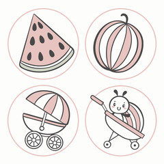 Cute cartoon illustrations of a watermelon slice whole watermelon baby stroller and a ladybug in a stroller