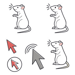 Cute cartoon white mice characters interacting with computer mouse cursor icons and click symbols on a white background
