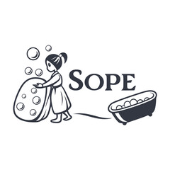 Cute cartoon girl holding a large sponge with bubbles next to the word sope and a bathtub full of bubbles