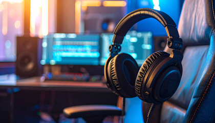 Acoustic Sanctuary: Immersed in the creative workspace, a pair of headphones rests, symbolizing the art of music and sound editing.