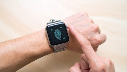 Touch ID on smart watch: A close-up perspective of a wrist-worn gadget with a touch ID, with fingerprint security authentication