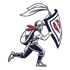 Dynamic illustration of a medieval soldier running forward with a large shield and a flowing flag