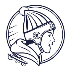Dynamic profile of a young woman in a beanie and helmet with a skateboard captured in a bold outline style
