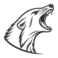 Ferocious wolf head roaring with sharp teeth and fierce eyes in a stylized black and white outline graphic