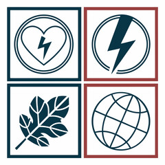 Four distinct icons representing health energy nature and global connectivity arranged in a grid format
