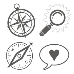 Four stylized icons representing navigation search discovery and communication with a heart symbol